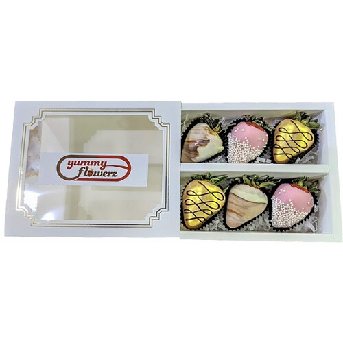 6pcs White Marble with Pink & Gold Chocolate Strawberries Gift Box